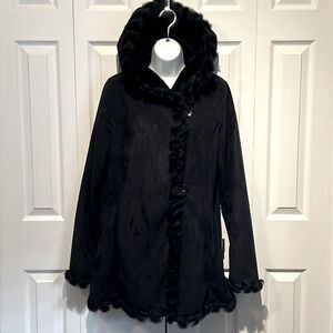 Jones New York Black‎ Faux Suede Real Rabbit Fur Trim Hooded Coat Size S
